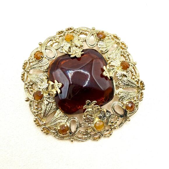 Florenza Jewelry - VTG Florenza Stamped Gold Large Amber Faceted Stone Etruscan Revival Brooch